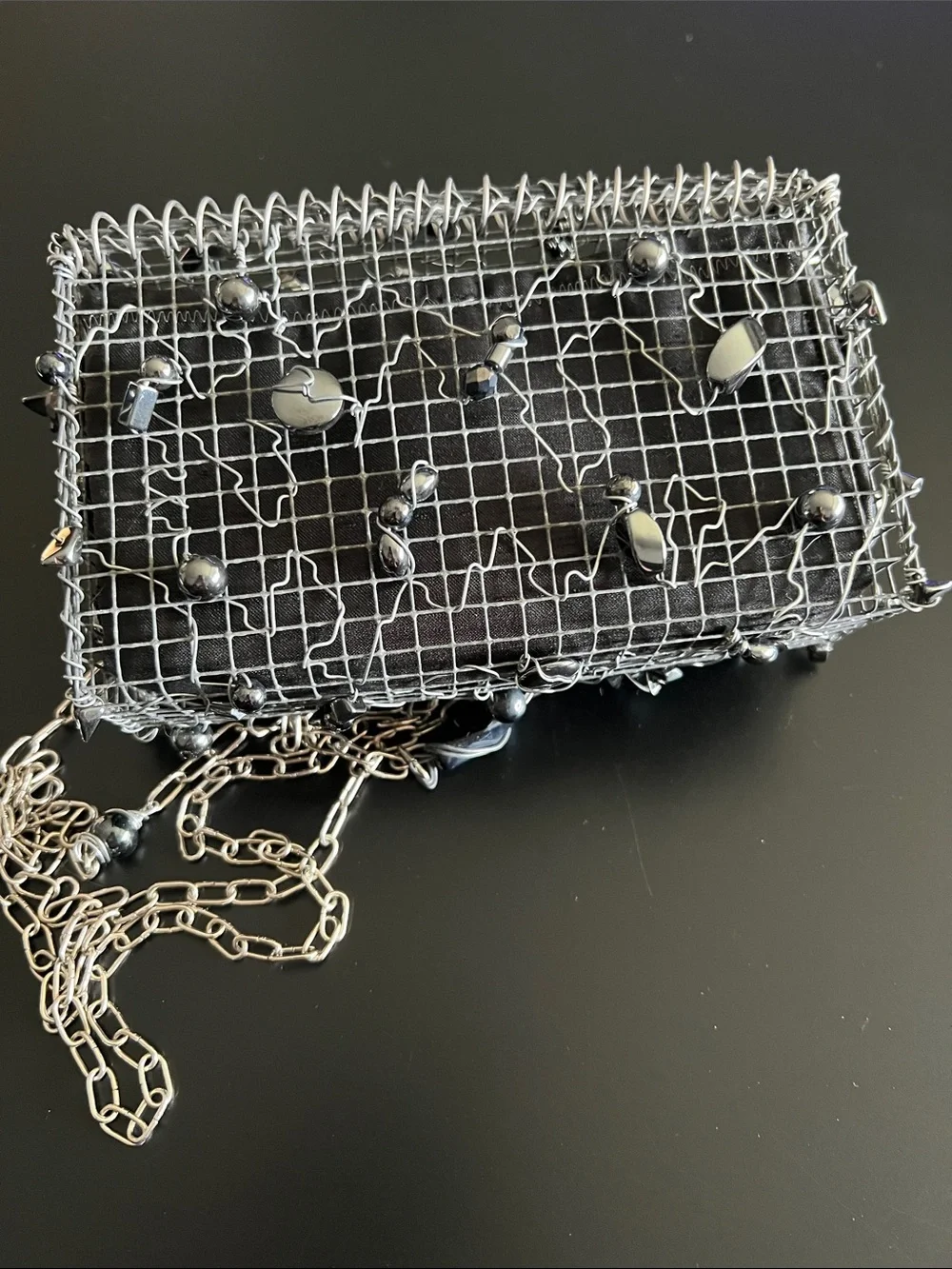 Unsigned Anndra Neen‑Style Alpaca Silver Cage Bag w/ Hematite Beads & Chain Stra